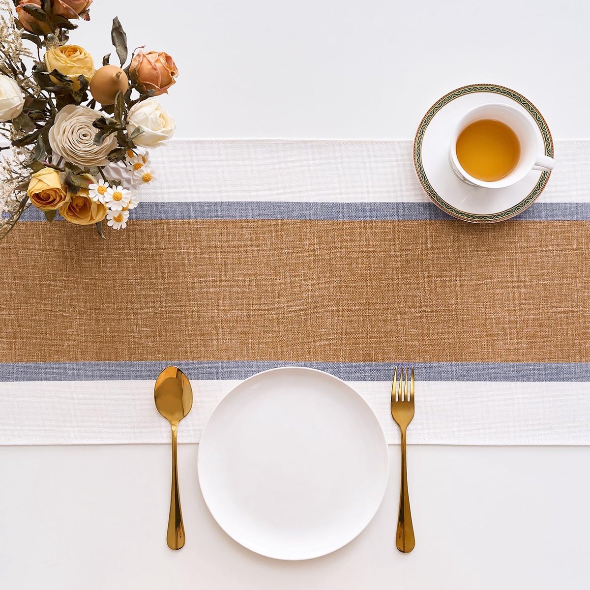 SnelShoppen - Table Runner Boho Bruin Gestreept Retro Landelijk 40x140cm Waterdichte Tafelkleed voor Tuin Feest, Bruiloft, Keuken en Eetkamer Decorati