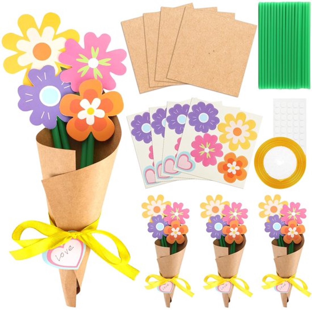 Boeketten Doe-Het-Zelf Set - 8 Vellen Bloemkarton - 120 Stickers - Bruin Kraftpapier - Geel Lint - Perfect voor Moederdag - Knutselset