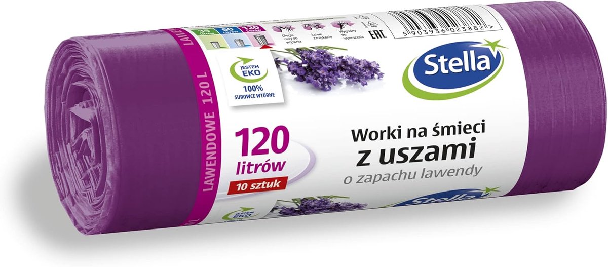SnelShoppen - Sterke Afvalzakken met Handvatten 120L - 10 Stuks - Lavendel Geur - LDPE Folie - Voor Huishouden, Kantoor, Tuin