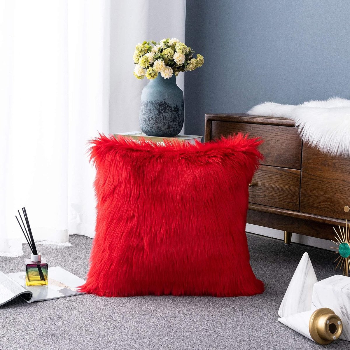 SnelShoppen - Luxe Sierkussenhoes 45x45 cm - Zacht Faux Fur Kussenhoes - Decoratief Pluche Kussen voor Bank en Bed - Rood - Perfect voor Woonkamer en