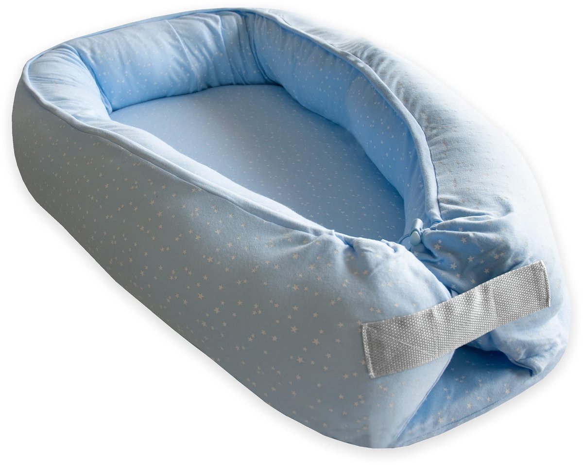SnelShoppen - Duffi Baby Nest 0960-12 Babynest, Reisbed met Afneembare Overtrek, Aankleedkussen, Sterrenprint, Katoen en Bamboe, Blauw, Ideaal voor Th