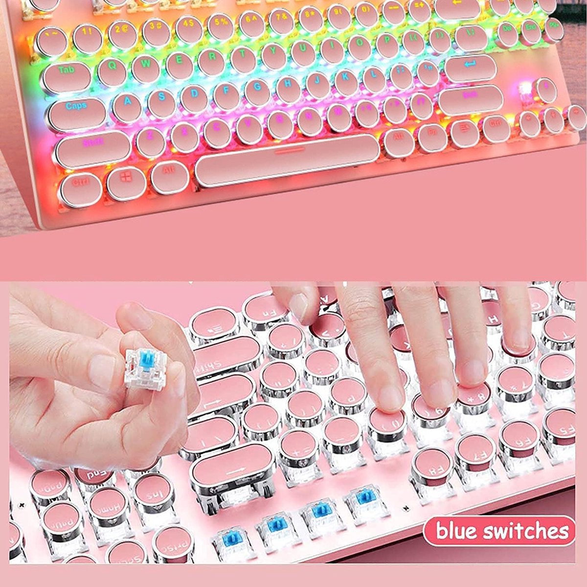 SnelShoppen - Mechanisch Gaming Toetsenbord Roze - 87 Toetsen Retro Punk Schrijfmachine Stijl - Blauwe Schakelaar - RGB Verlichting - Anti-Ghosting -