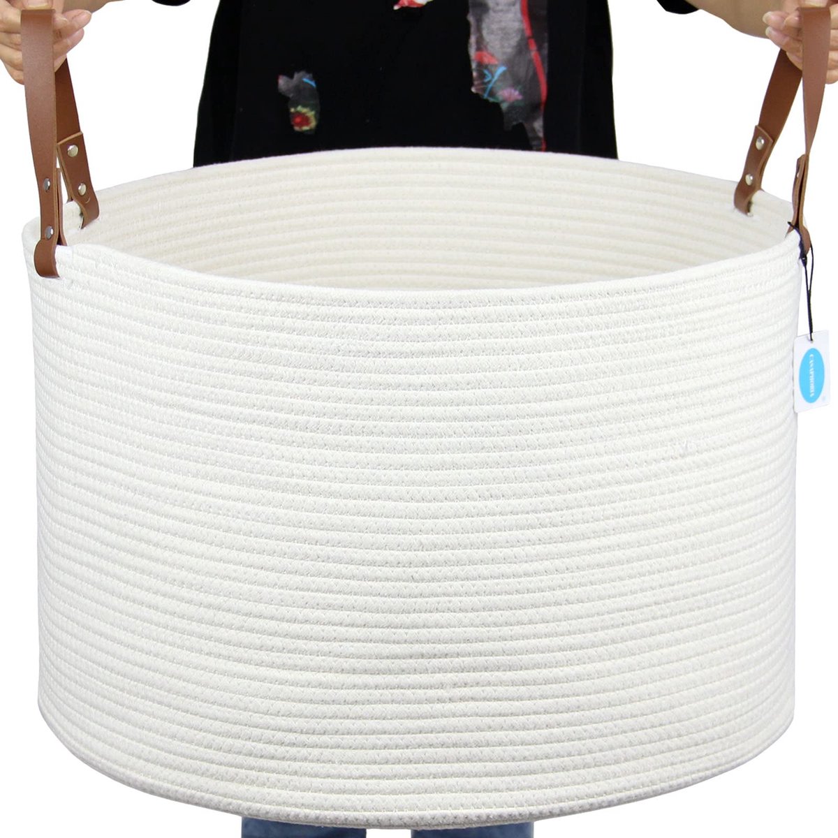 SnelShoppen - XXXLarge Katoenen Touwmand Beige - Geweven Opbergmand met Lederen Handgrepen voor Dekens, Handdoeken, Kussens, Wasmand - 50,8 x 50,8 x 3
