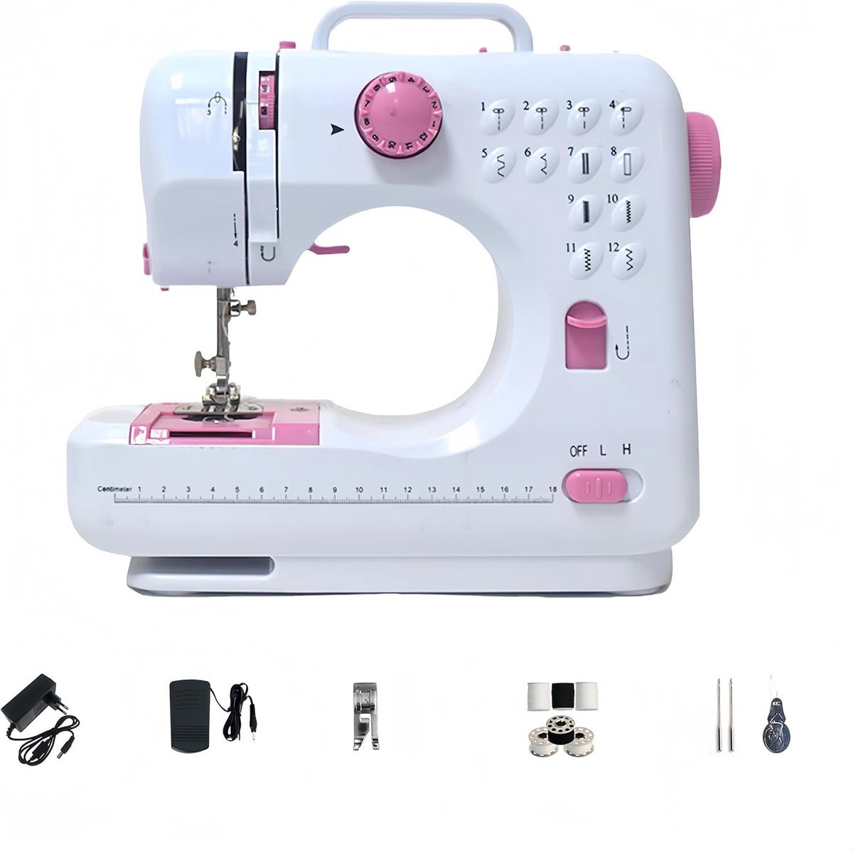 SnelShoppen - Elektrische Naaimachine 12 Steken, 505 A, Automatische Huishoudnaaimachine, Dubbele Draad met 12 Naaiprogramma's, 220 V, Roze Knop