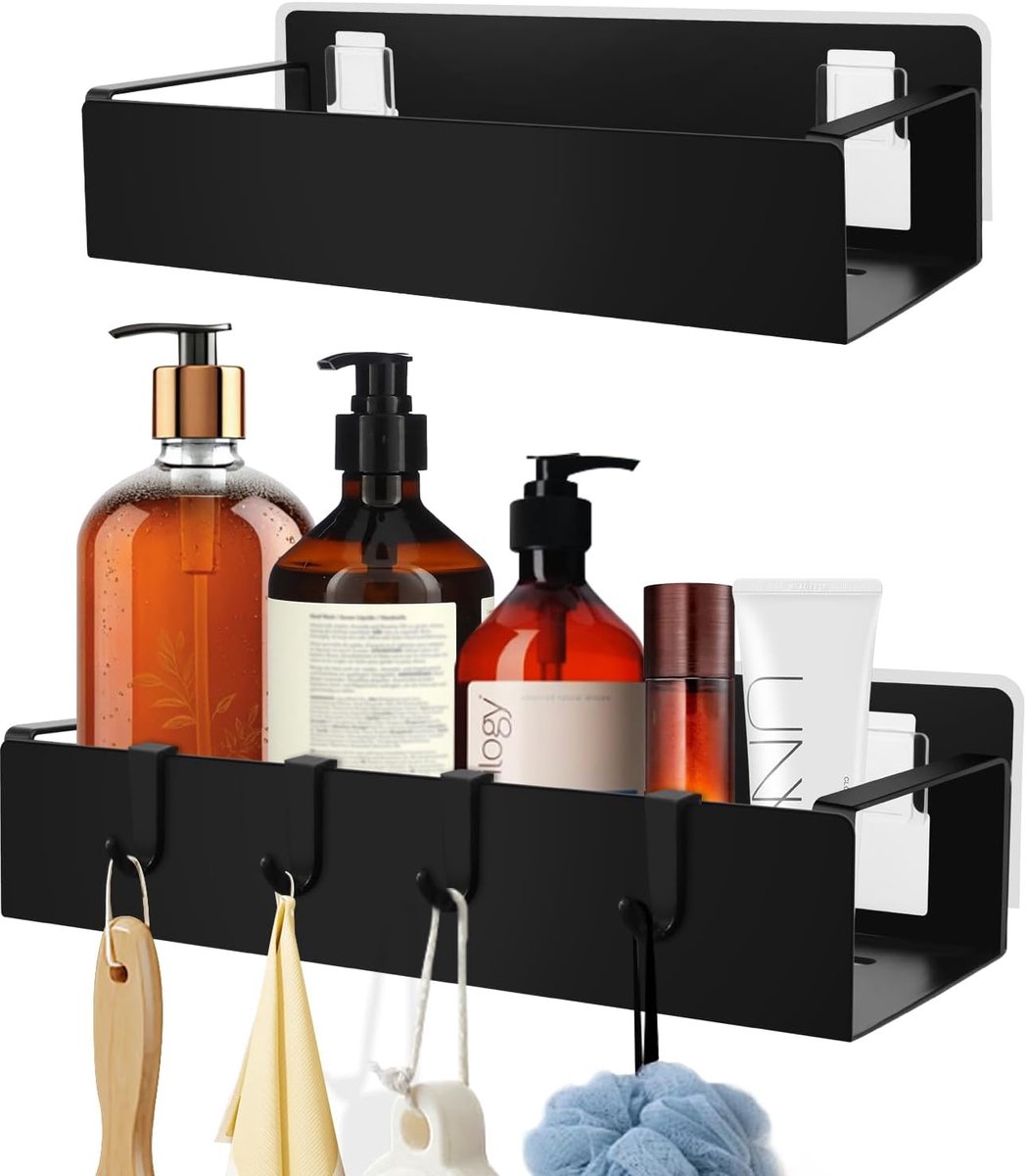 Doucheplank zonder boren - 2 stuks - zwart - roestbestendig - handige shampoohouder - ShopVlot