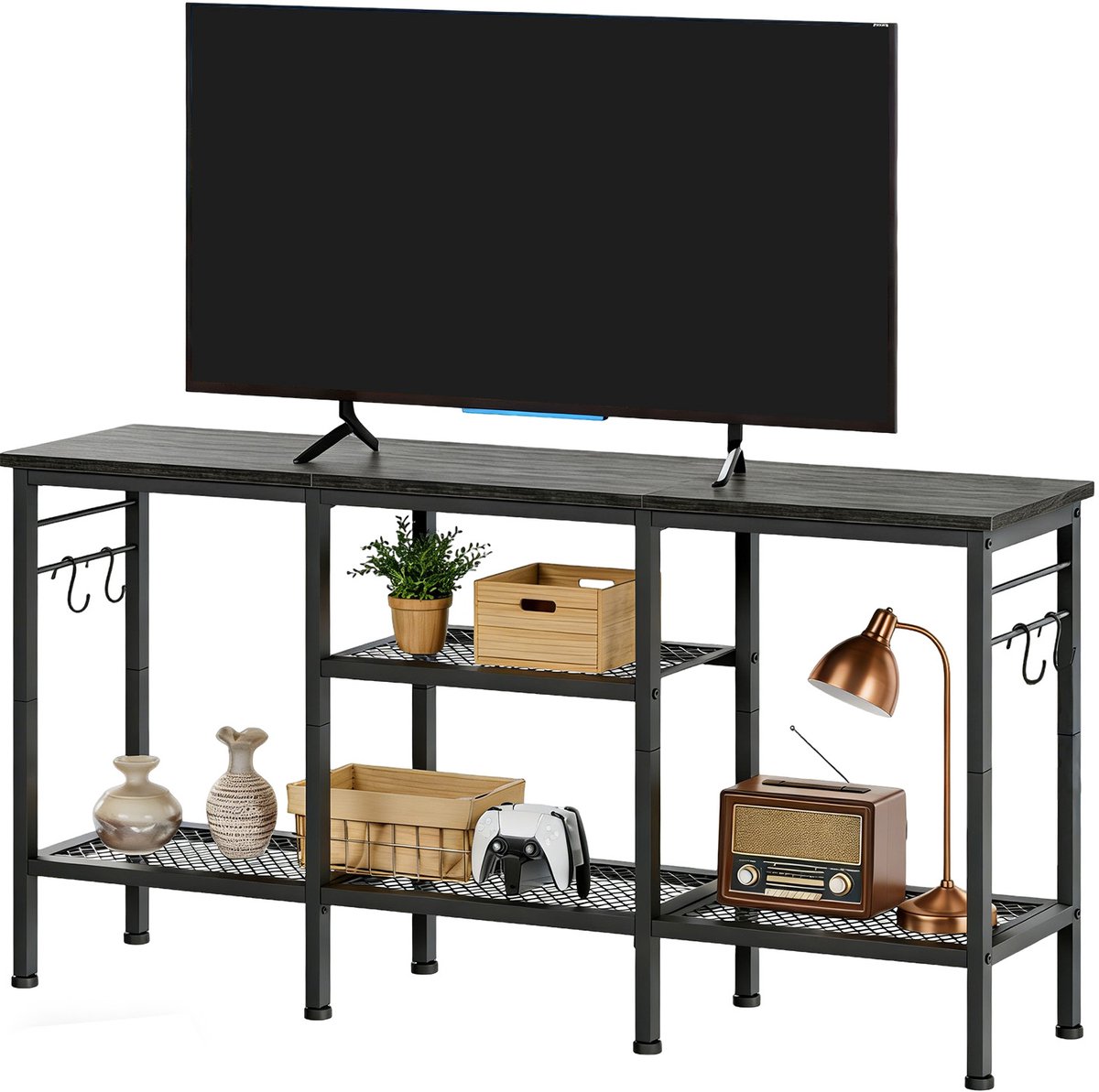 Triumpunpre tv-meubel voor tv tot 55 inch, mediameubel met open legplanken en soundbar plank, kabelmanagement, zwart, voor woonkamer en slaapkamer