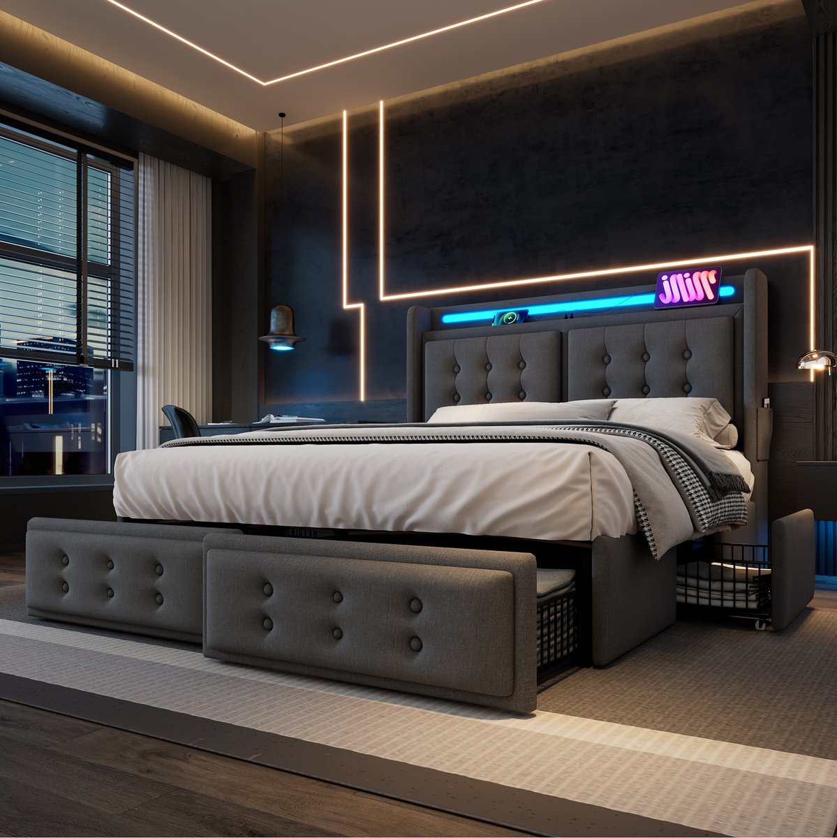 COVREO Bedframe 160x200 cm grijs, met LED, 4 lades, zonder matras