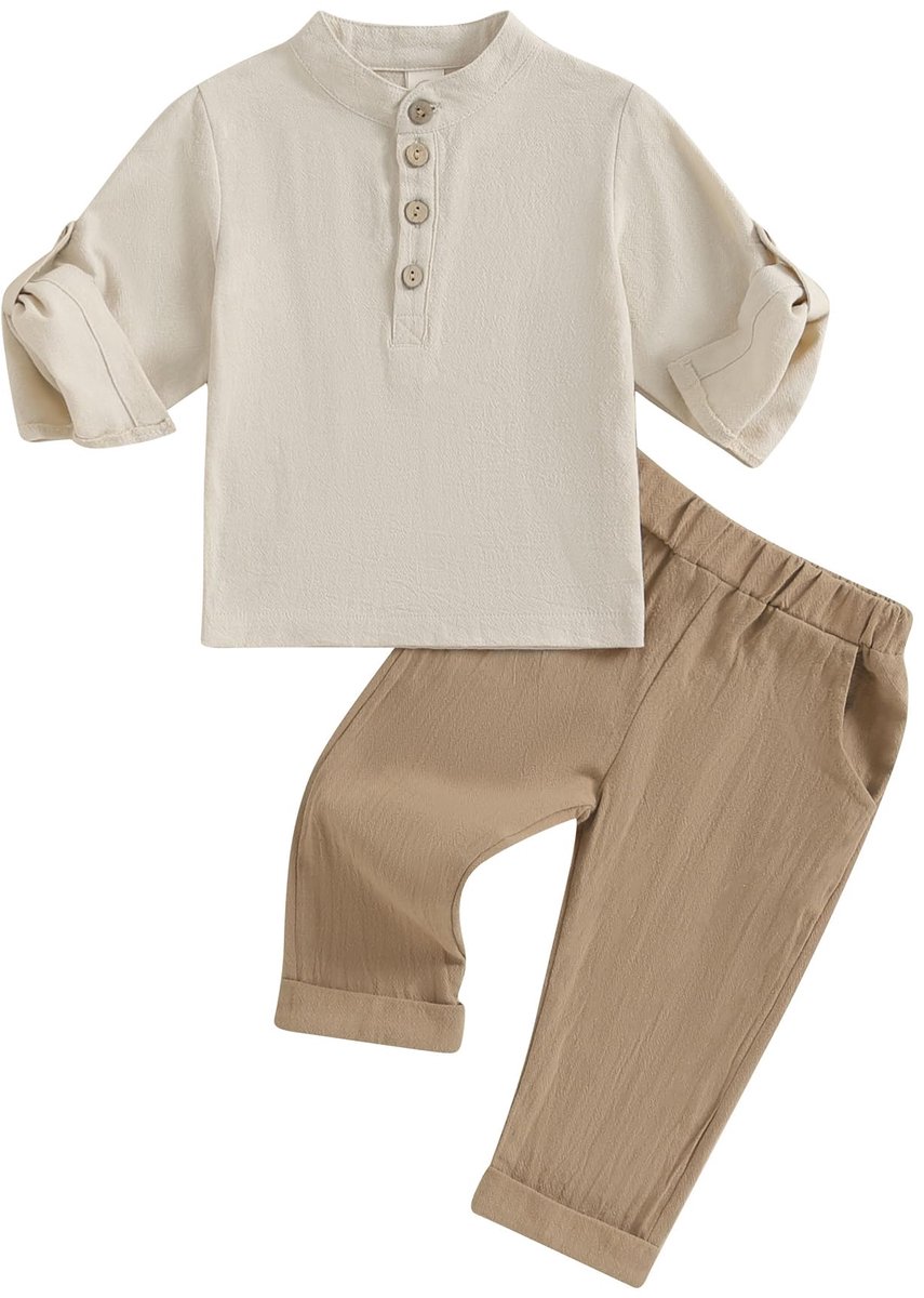 SnelShoppen - LYSINK Kids Jongens Zomer Katoen Linnen Kleding Set 2 Stuks Korte Mouw Shirts Lange Broek Kleur Clash A-kaki 80 voor Feest en Speelplezi