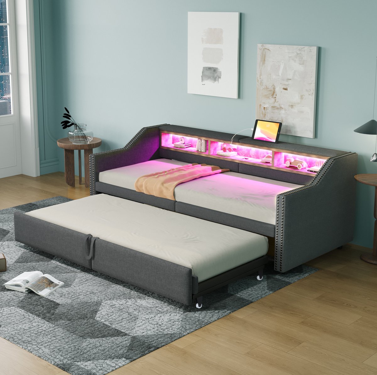 COVREO Bed 90/180x200 cm donkergrijs met USB en LED zonder matras