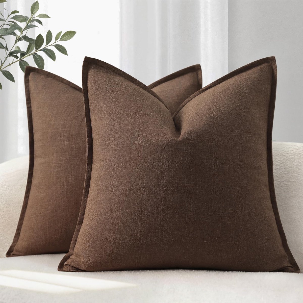 SnelShoppen - Set van 2 Kussenhoezen 45x45 cm Effen Bruin Natuurlijk Linnen Zacht en Comfortabel voor Bank Bed Woonkamer Decoratiekussens met Rand