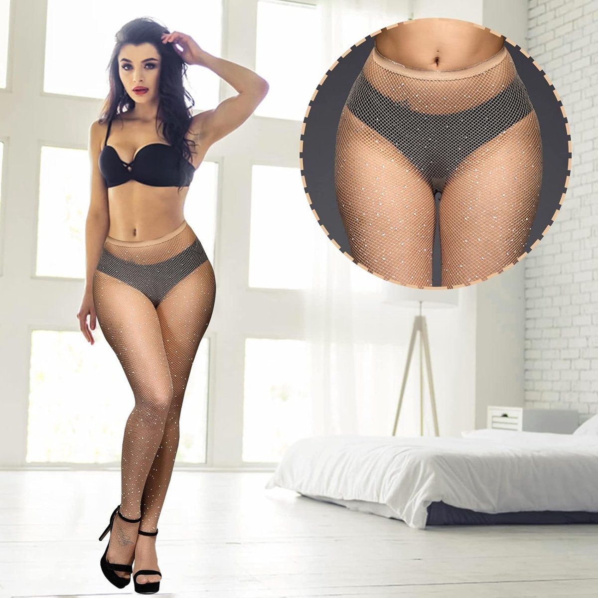 Hoogwaardige Glanzende Visnet Panty’s met Hoge Taille en Strass Steentjes voor Feestelijke Gelegenheden, Beige, One Size