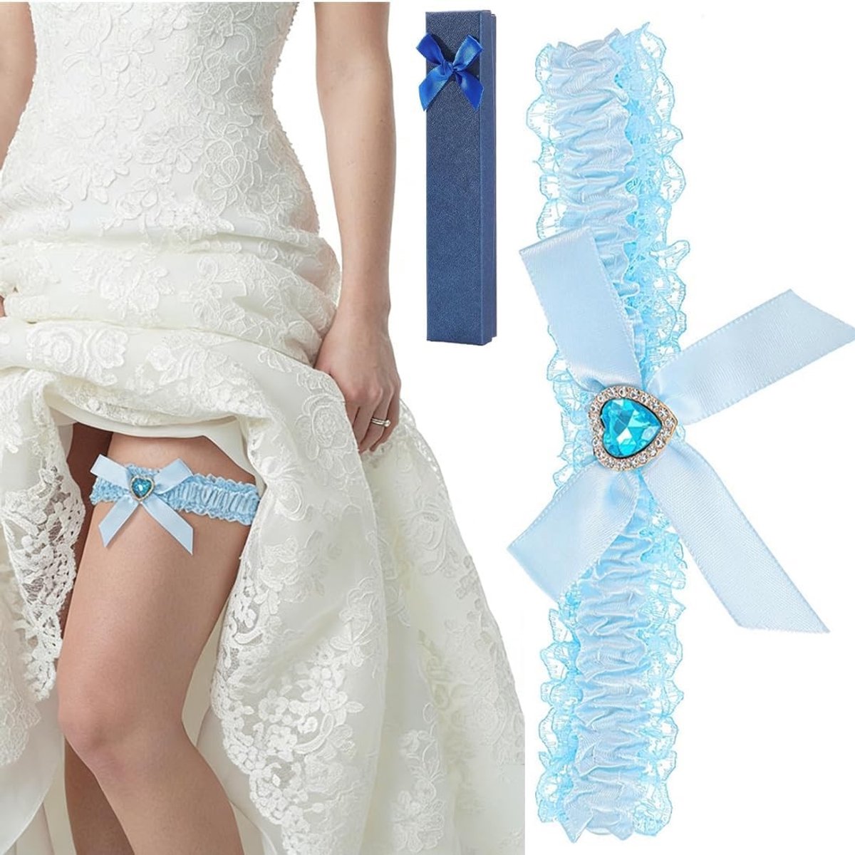 Elegante blauwe kousenband voor de bruid met elastisch kant, kristallen en strass, antislip bruidsaccessoires voor een perfect vrijgezellenfeest en geschenkdoos inbegrepen