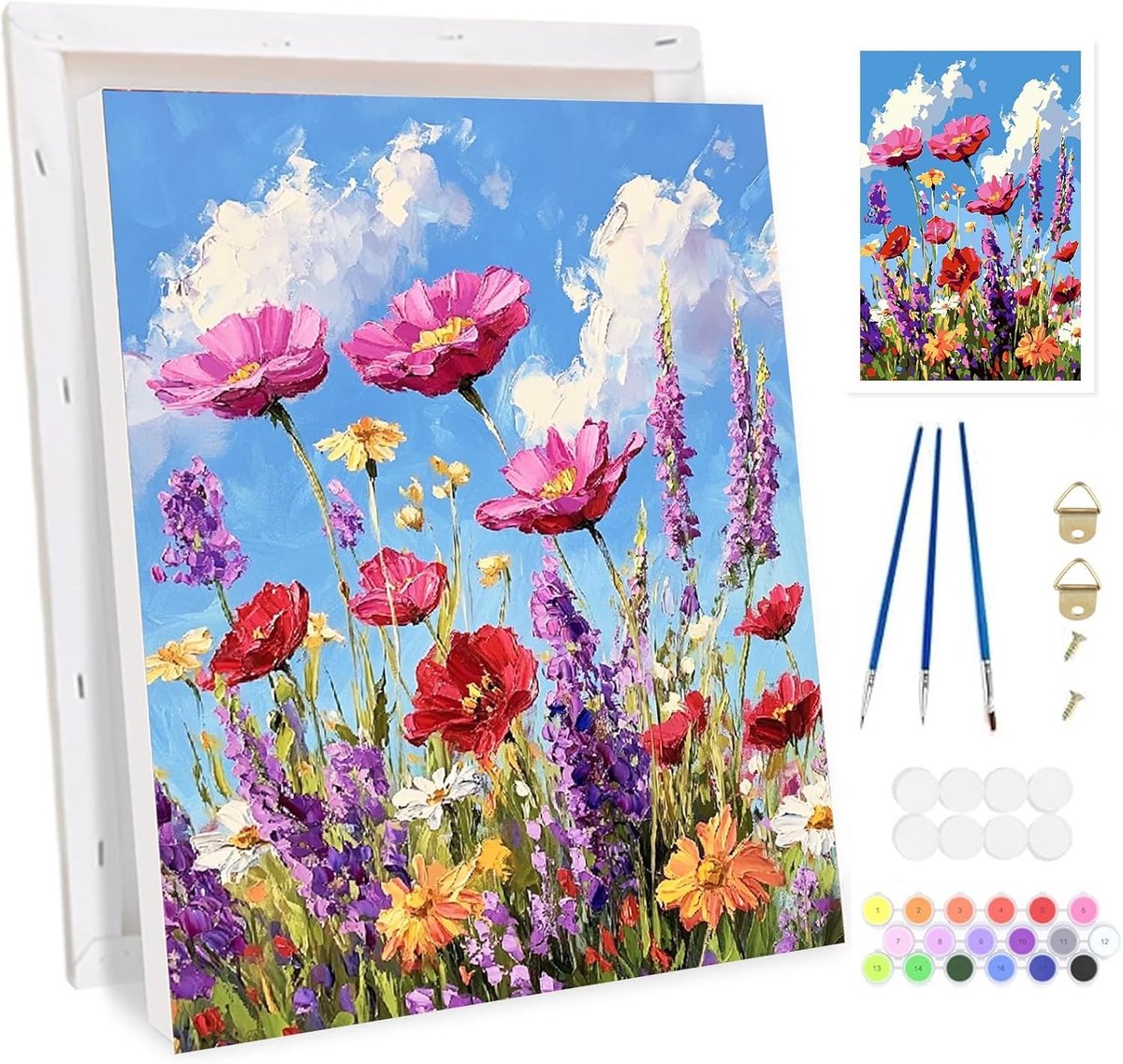 Schilderen op nummer met roze bloemen en zeezicht voor volwassenen, DIY acrylverf set voor beginners en creatieve ontspanning