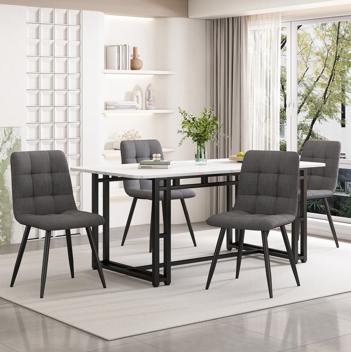 MEUNIQ eettafel met 4 stoelen 140 x 80 x 74 cm, rechthoekige eethoekset voor eetkamer of woonkamer, donkergrijze stoelen en zwart metalen frame