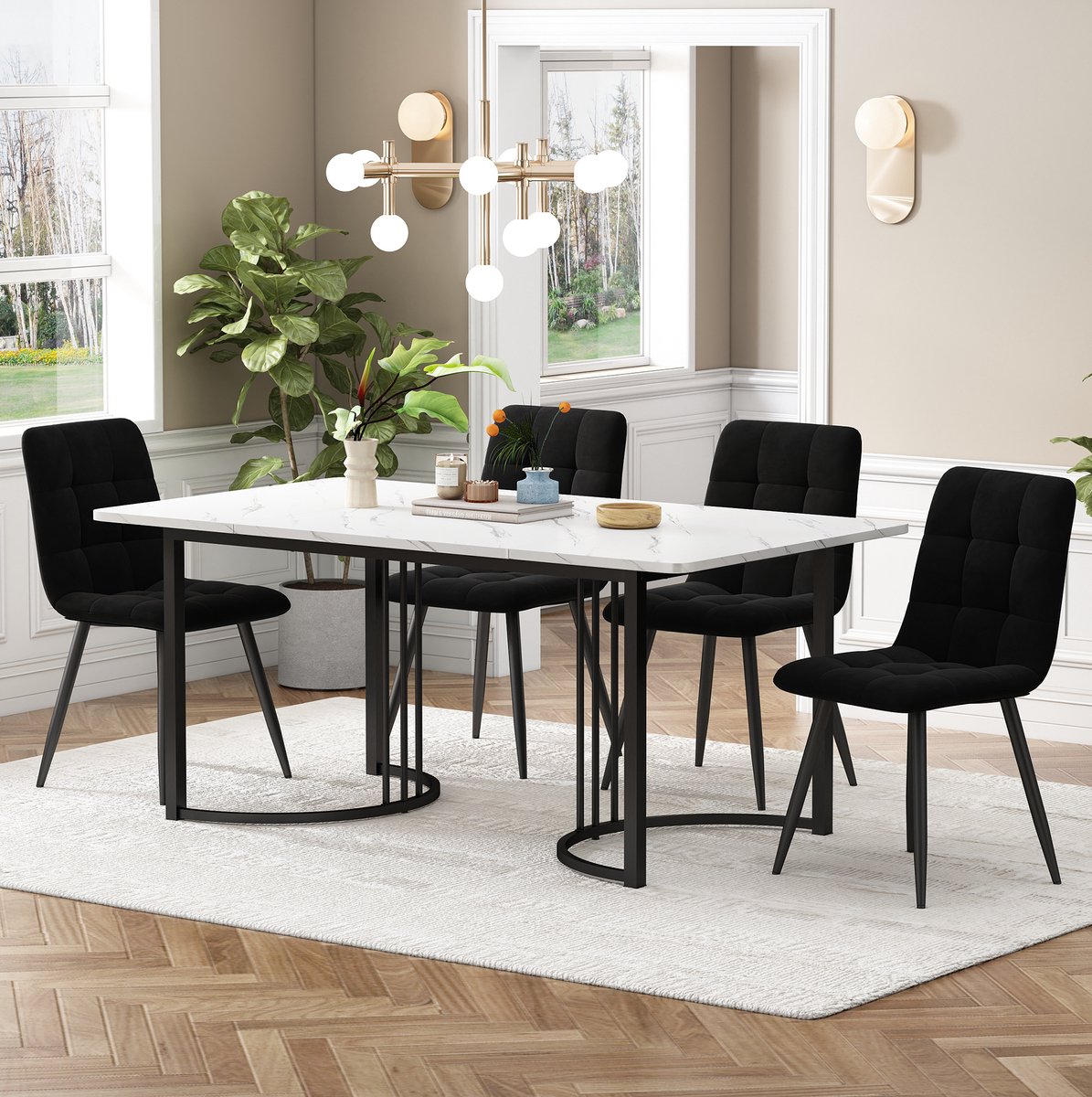 MEUNIQ eettafel met 4 stoelen set 5-delig 140 x 80 cm, wit marmerlook tafelblad, zwarte metalen poten, velours eetkamerstoelen voor eetkamer of keuken