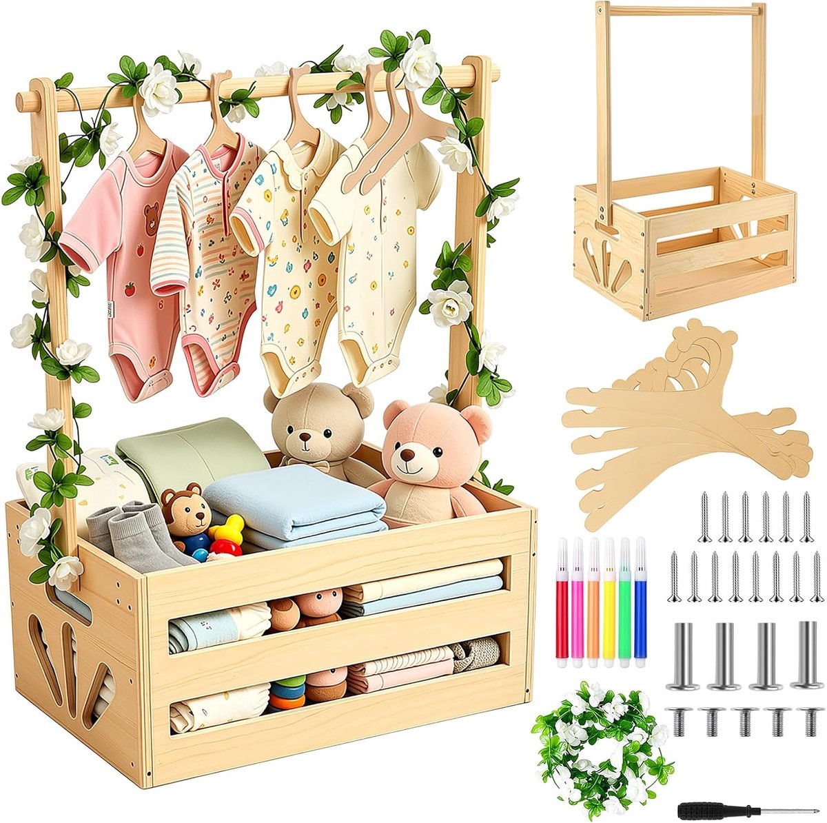 SnelShoppen - Houten Babymand met Handvatten, Ideaal voor Baby's, Handgemaakt, Natuurlijke Houtkleur, Perfect voor Kamers en Speelruimtes, Draagbaar e