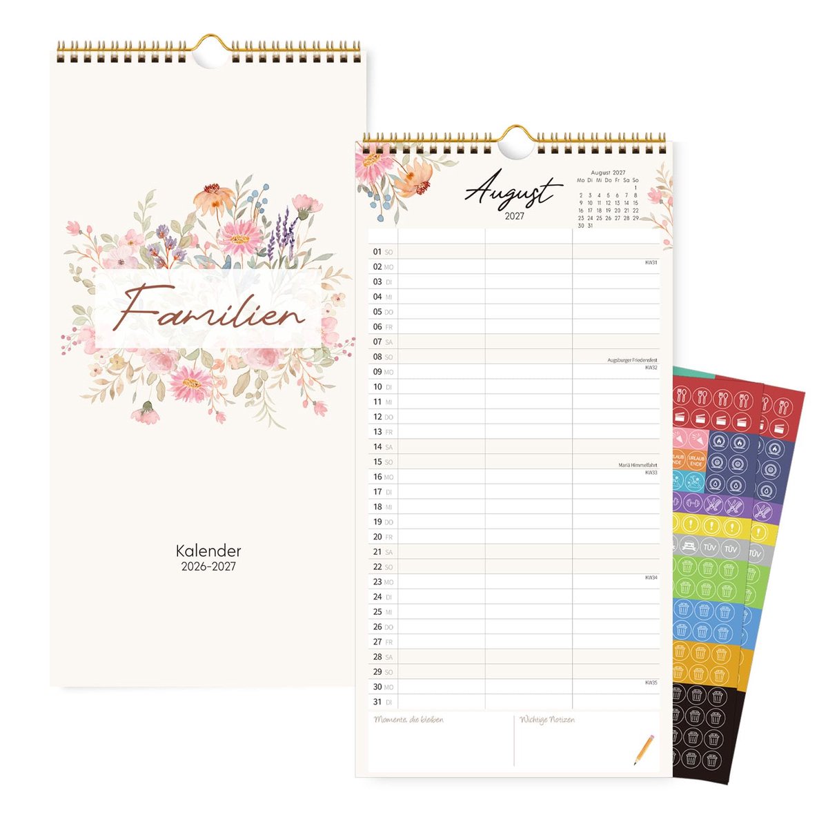 SnelShoppen - KONVINIT Familiekalender 2026-2027, 18 maanden, verticale wandkalender 21 x 42 cm, 3 kolommen, 60+ stickers, gouden spiraalbinding voor