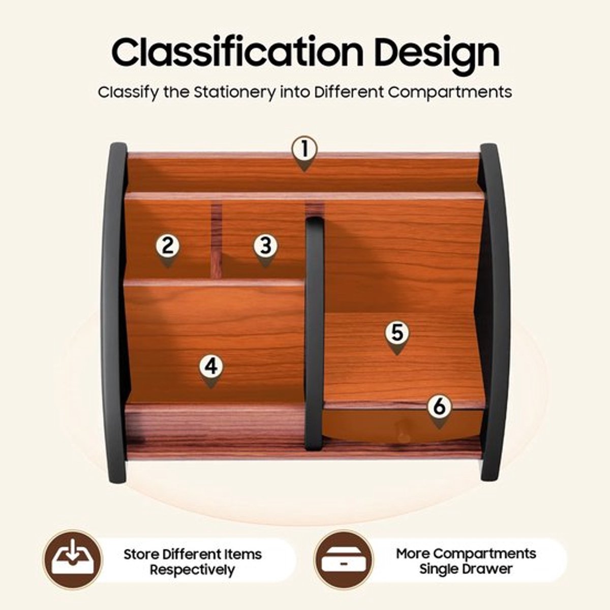 Zwart & houten pennenhouder, houten pennenbakje met 5 compartimenten 20*11,8*13,5 cm voor studeerkamer, slaap