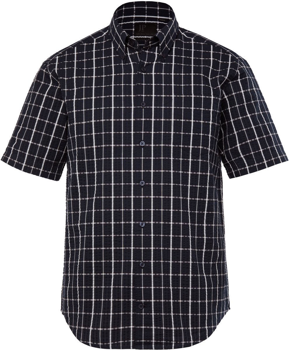 JP 1880 - Heren - Geruit overhemd halflange mouwen seersucker buttondown kraag - Navy blauw - Maat 7XL