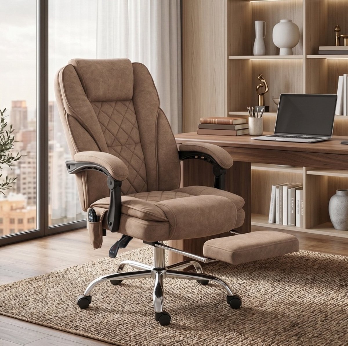 OKWISH Bureaustoel – Massagefunctie Met Lendenwarmte – Verstelbare Zithoogte, 135° Kantelbaar En Uitschuifbare Voetsteun – Polyester – Bruin