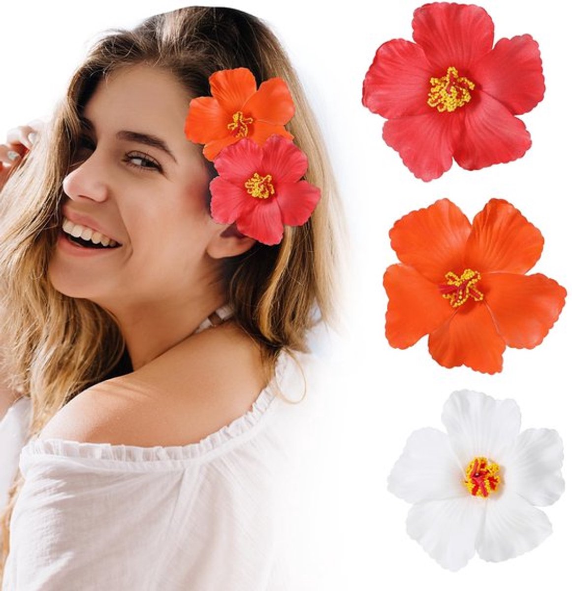 Haarspelden 3 Stuks - Hawaï Bloemen - 10 cm - Haarclip - Lichtgewicht - Roestvrij Staal - Geschikt voor Bruiloft/Feest
