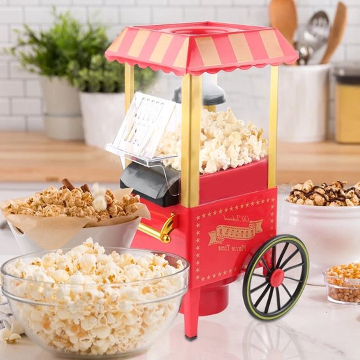 Popcornmaker, Retro Popcornmachine Geüpdatet, 1200W Hetelucht Popcornmaker voor Thuisgebruik, Bediening met é
