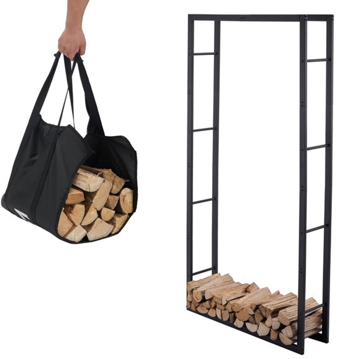 Brandhoutrek - Stevige constructie - Houtopslag binnen - Draagtas - Houtberging - Hoogwaardig gepoedercoat staal (100x25x196cm)