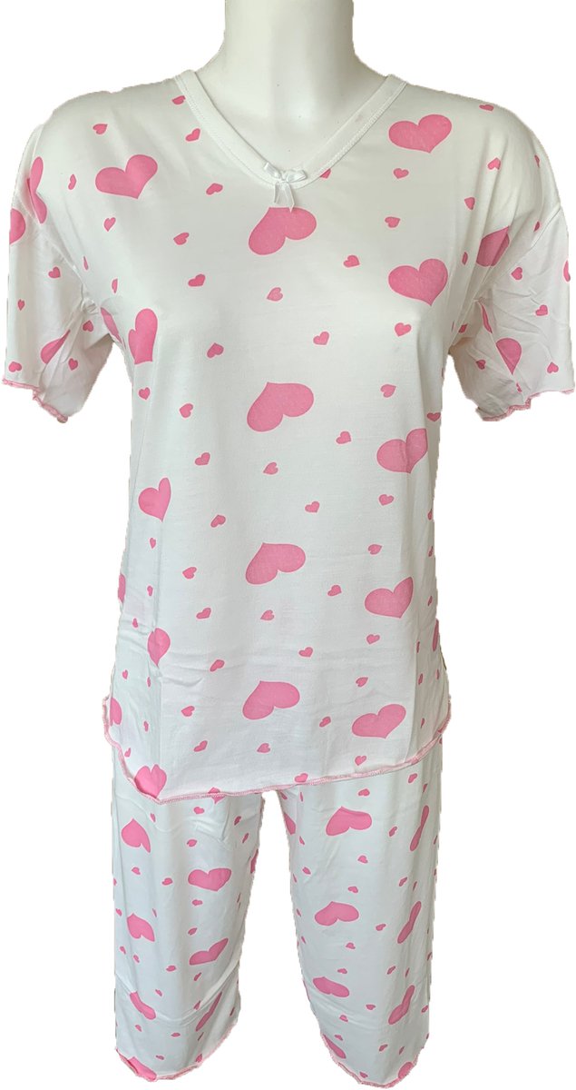 Dames Pyjamaset met Roze Hartjes Patronen - Korte Mouwen Shirt en Driekwart Broek - 95% Katoen en 5% Lycra/Elastaan - Maat M