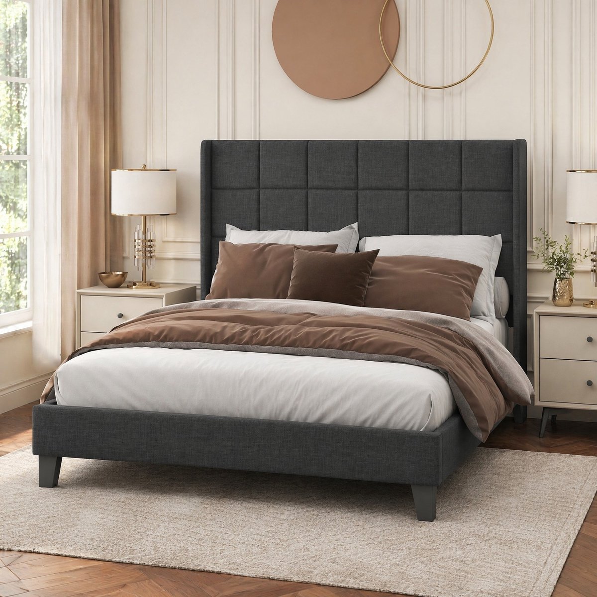 COVREO Bed 140x200 cm grijs, stoffen frame, hoog hoofdbord, met matras
