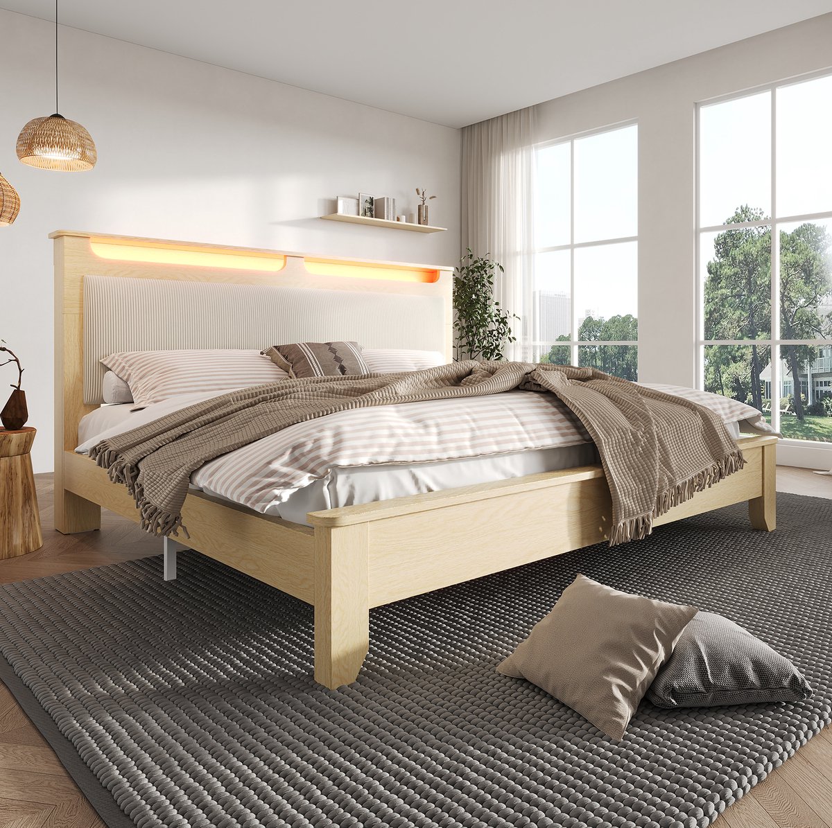 COVREO Bed 140x200 cm - licht eiken, beige cord, LED, met matras