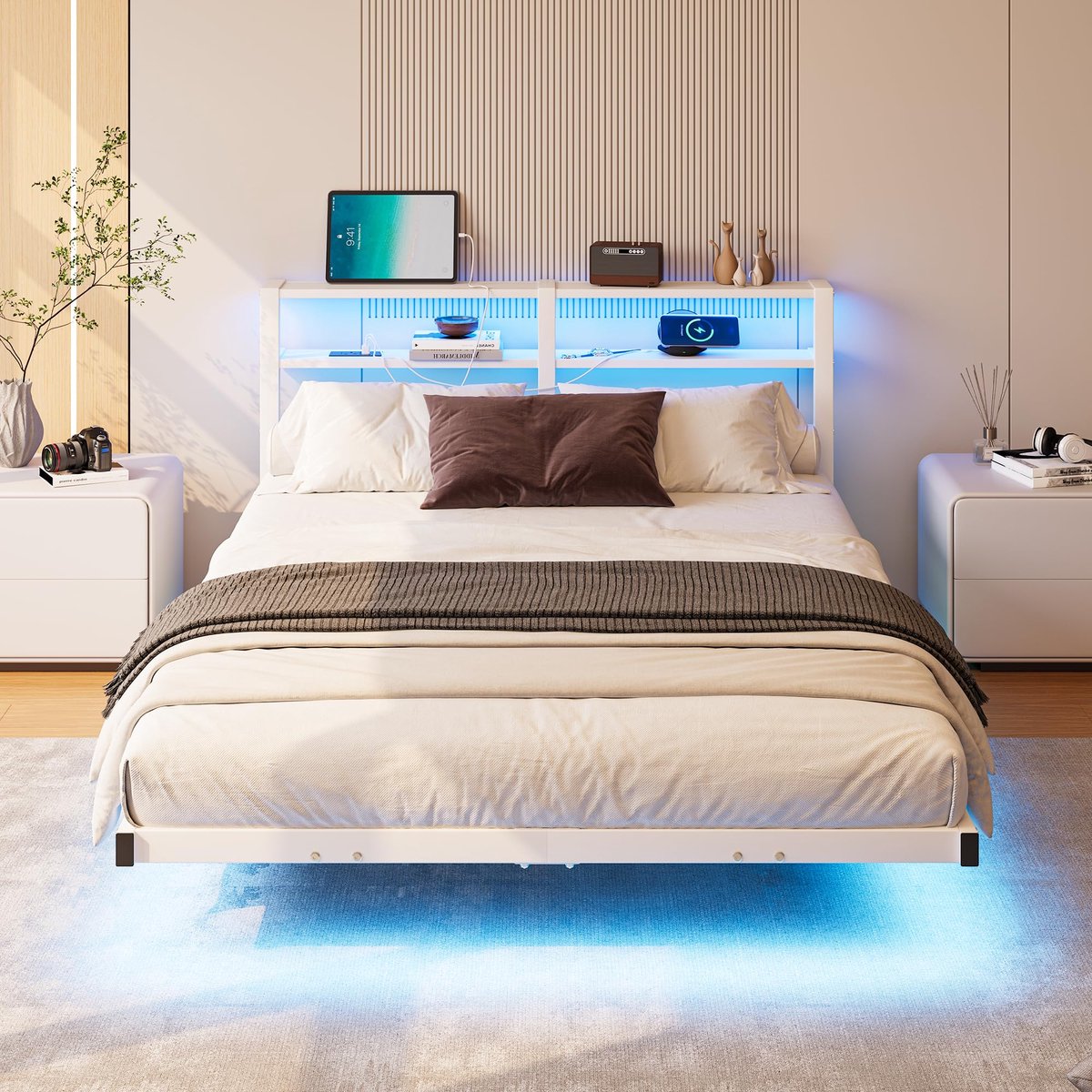 SnelShoppen - Metalen Zweefbed 120 x 200 cm met LED-verlichting, USB-laadstation, Dubbel Hoofdeinde, Stalen Frame voor Zware Belasting, Geluidsvrij, W