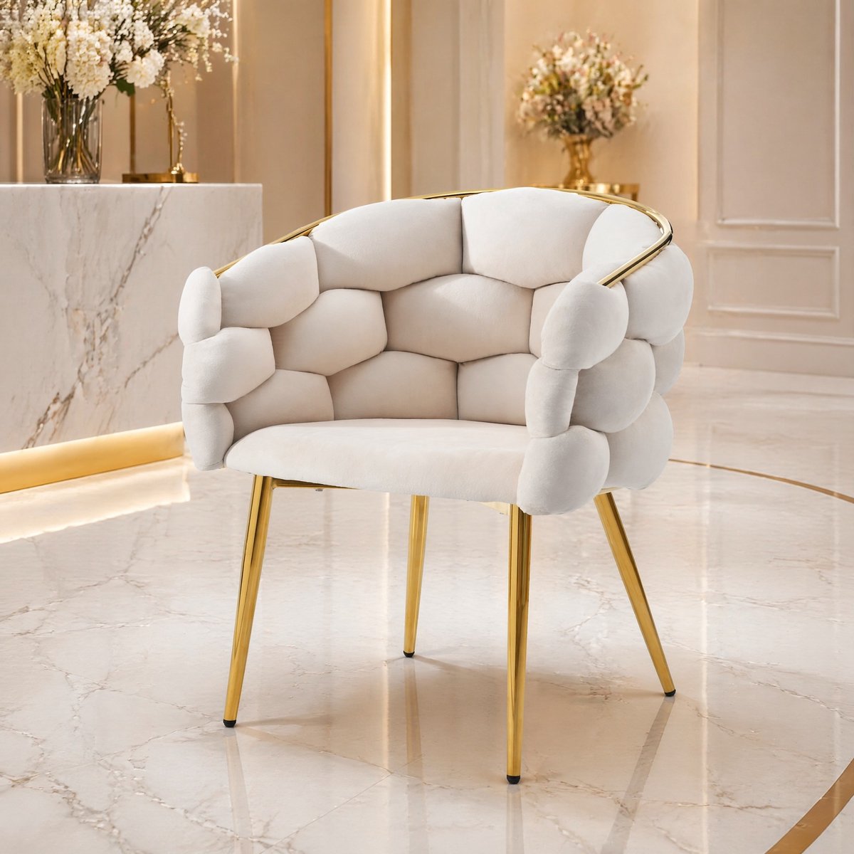 MEUNIQ Eetkamerstoel in beige velvet met armleuningen, kuipzitting, metalen onderstel en 150 kg draagvermogen voor eetkamer en woonruimte
