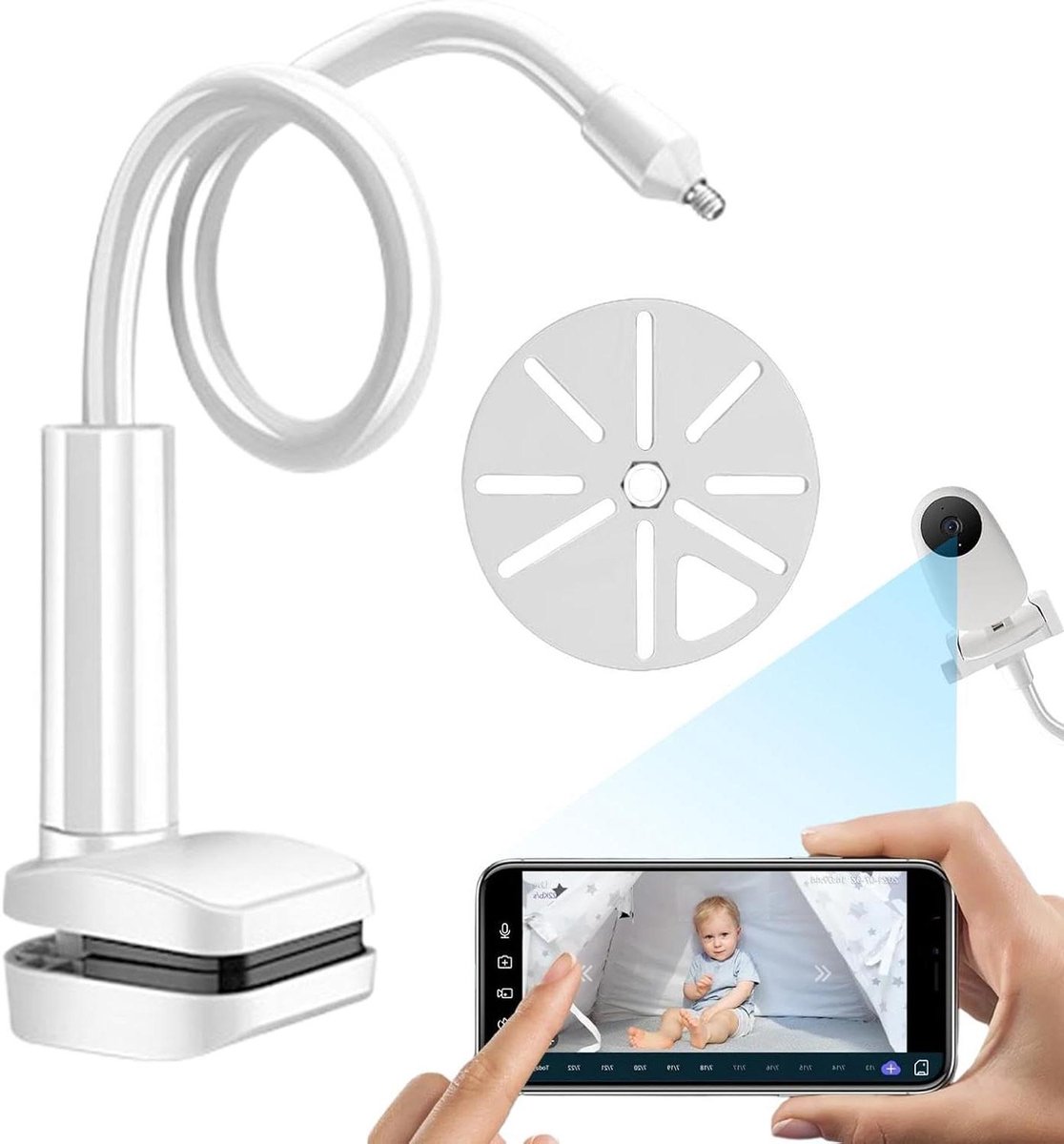 Camerahouder Zwanenhalsarm - Monitor standaard - Babykamer bewaken - 360 graden rotatie - Lange flexibele arm - Wit