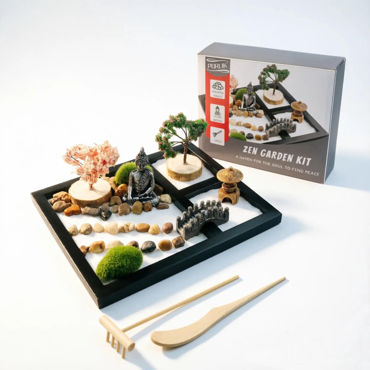 SnelShoppen - Japanse Zen Tuin voor Bureau - 9" x 7" Mini Zen Tuin met Wit Zand, Kunstmatige Bonsai Boom, Rotsen, Harken & Accessoires - Meditatie Ges