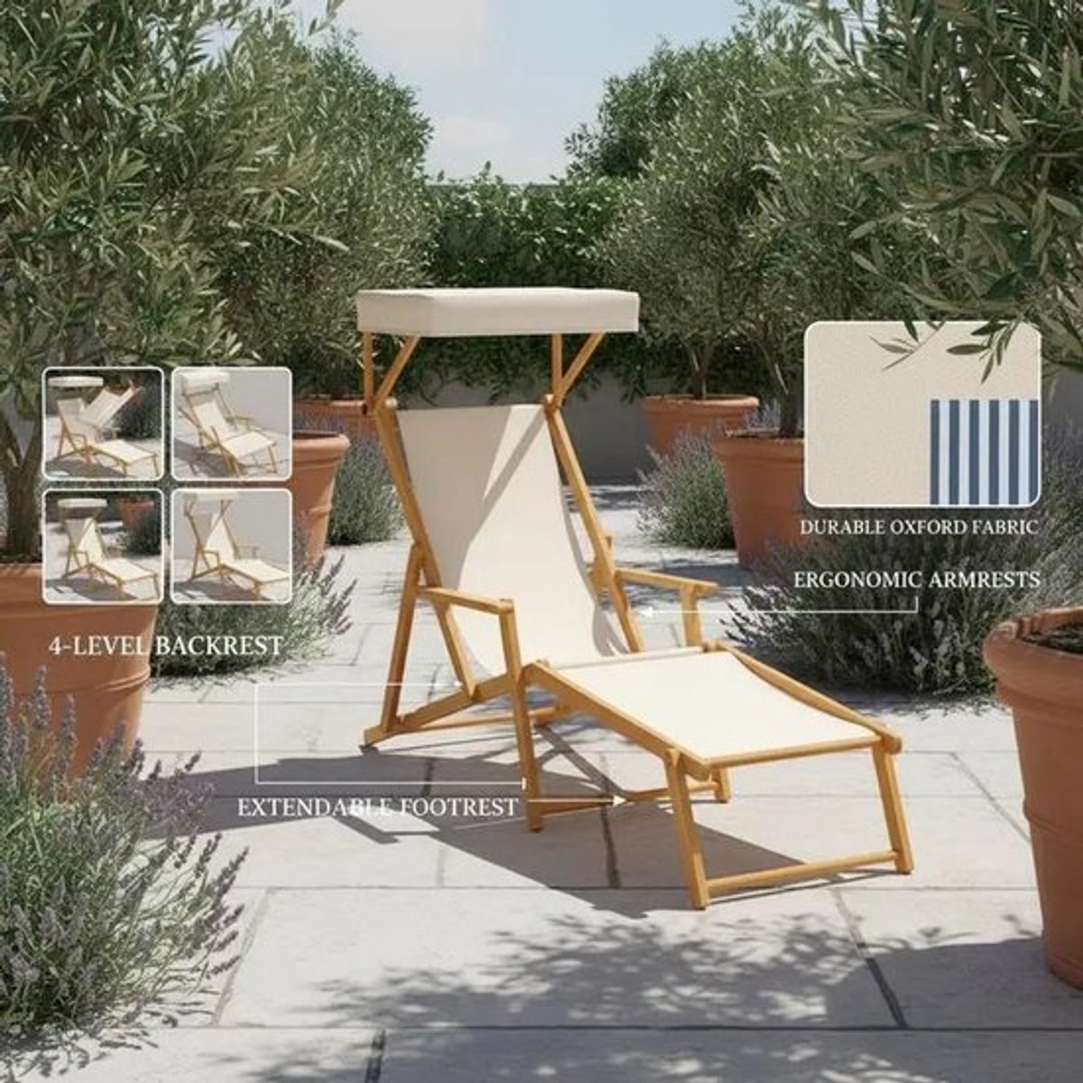 Chaise-loungestoel van berkenhout met verstelbare luifel, verstelbare rugleuning en voetsteun, beige - AliExp