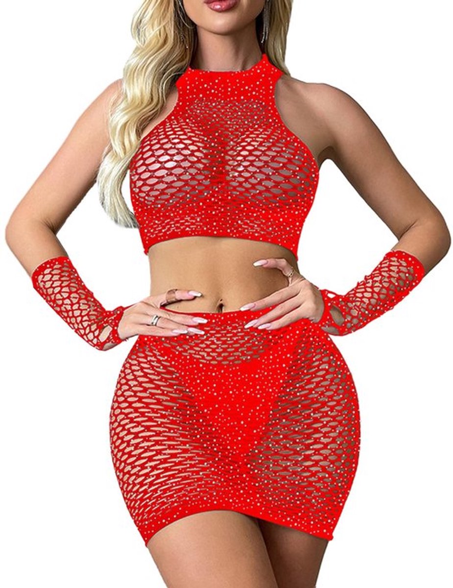 Dameslingerieset netstof - Babydoll/mini-jurk - Lingerie set - Zachte/elastische materialen - Strass-steentjes - Geschikt voor lingeriefeesten