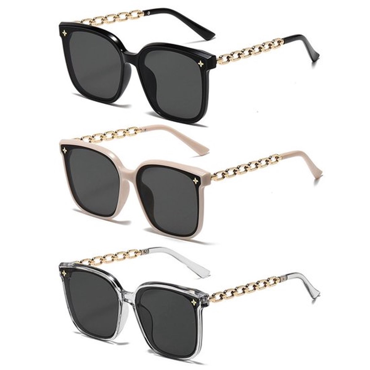 Dameszonnebril Oversized - Retro/Vierkante Zonnebril - UV400 Bescherming - 3 Stuks - Lichtgewicht Kunststof - Modeaccessoire