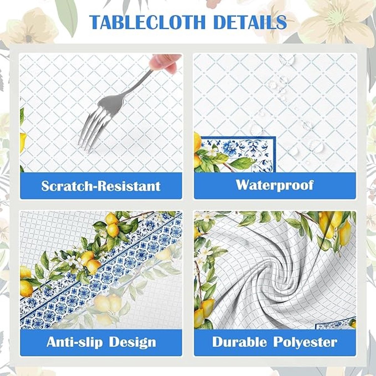 Rechthoekig tafelkleed met citroenbloemen, vlekbestendig en waterdicht, 152 x 213 cm