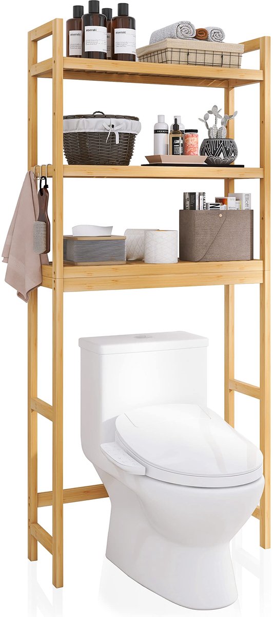 SnelShoppen - Bamboe Badkamer Opbergplank Over-het-Toilet Organizerrek met 3-laags Verstelbare Planken, Ruimtebesparend en Vrijstaand, Natuurlijk Desi