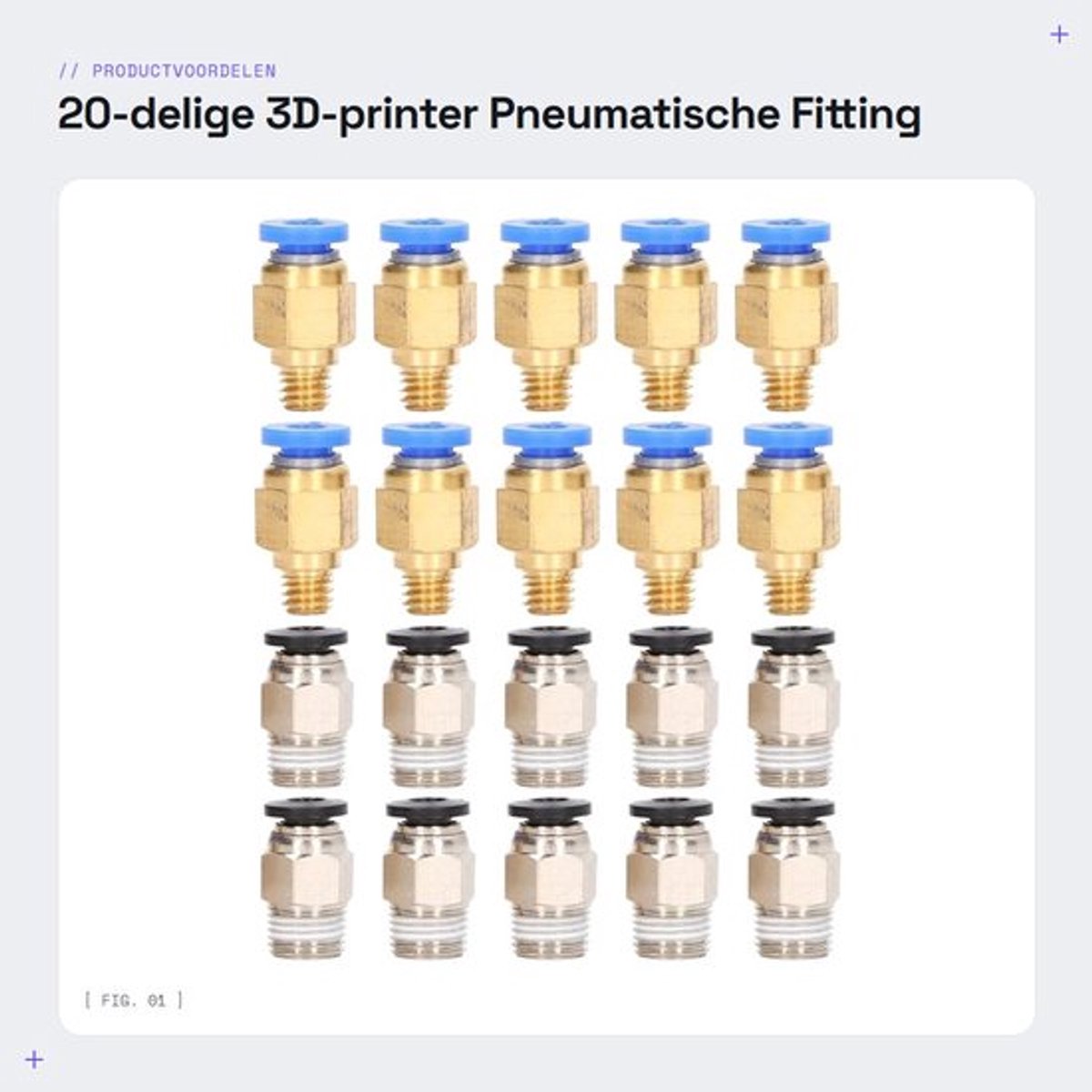 Pneumatische Fitting 20-delige Set - Messing/roestvrij staal - PC4-M6/PC4-M10 - Accessoires voor 3D-printer - Voor 1,75 mm filament - Inclusief snelkoppeling