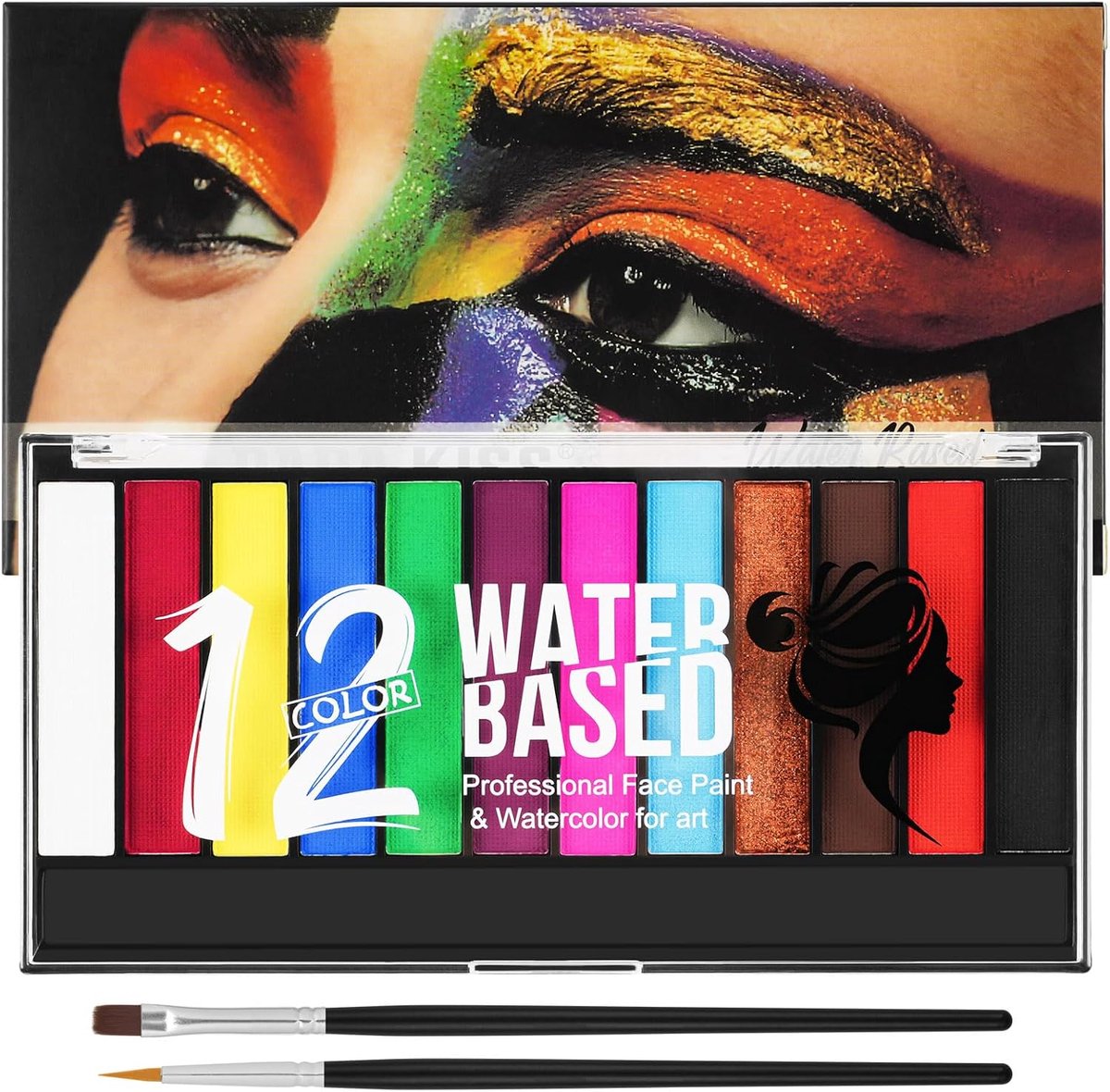 SnelShoppen - 12 Kleuren Face Paint Kit met 2 Penselen, Waterbasis Schilderen voor Kinderen en Volwassenen, Wasbaar en Veilig voor Halloween, Carnaval