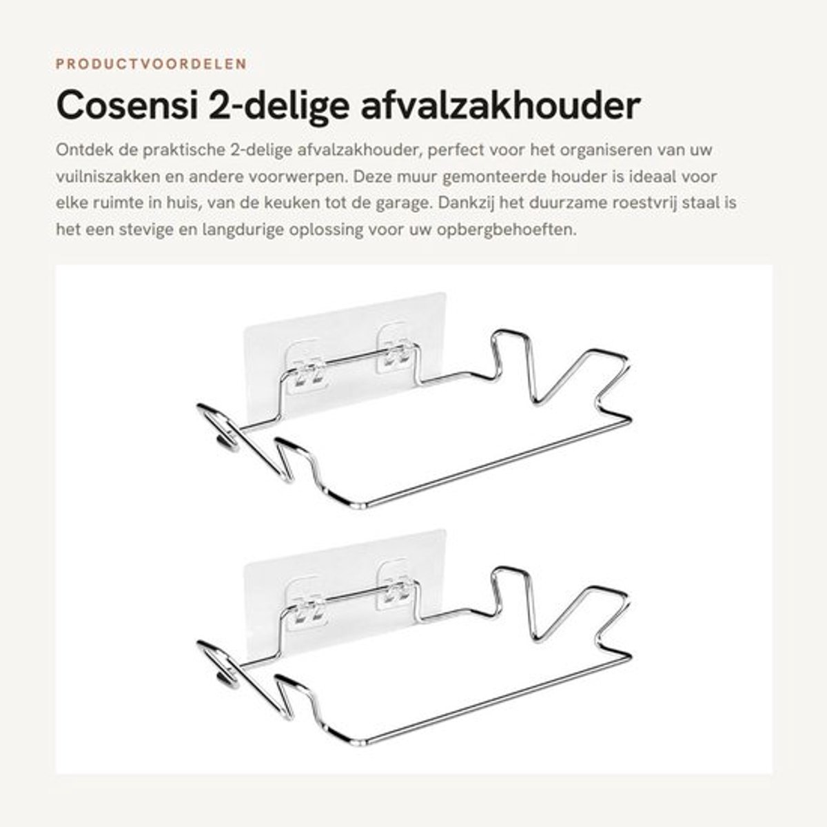 Afvalzakhouder 2-delig - Muurbeugel - Roestvrij Staal - Slijtvast - Inclusief Muurstickers - Afmetingen 14 x 18,5 x 4 cm - Vuilniszakhouder