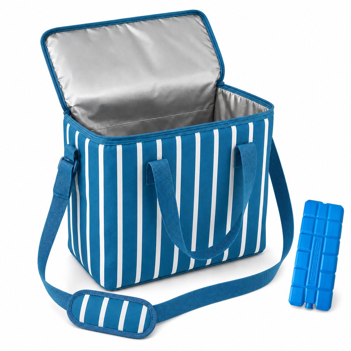 Benza – Compacte Koeltas 11 Liter met Koelelement 200 g – 30 × 15 × 25 cm – Met Handvatten en Schouderriem – Blauw & Wit