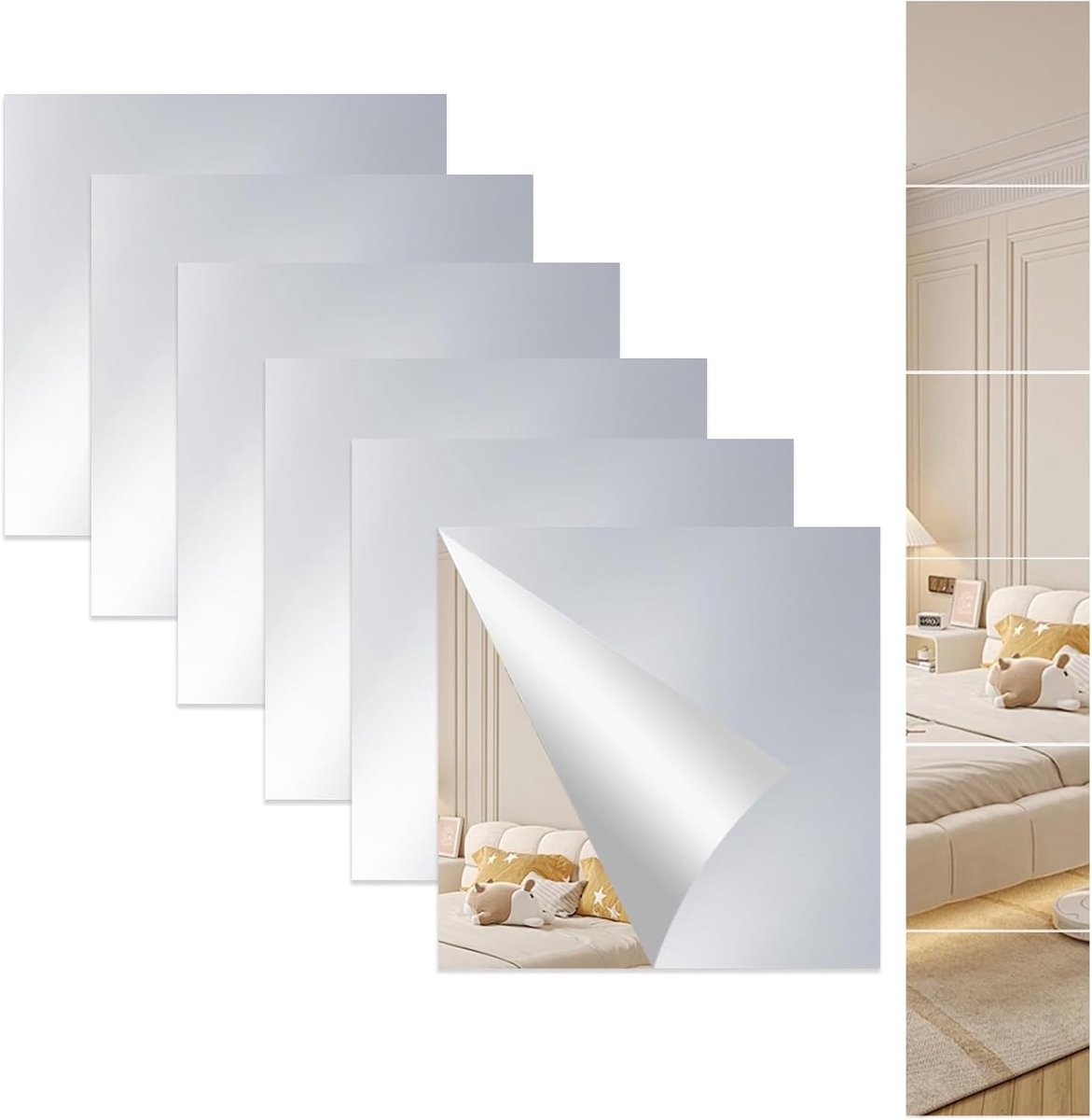 Set van 6 zelfklevende spiegels 20 x 20 cm, 2 mm dik, flexibele acrylspiegels voor badkamer, woonkamer en slaapkamer, eenvoudig te plakken en ideaal voor decoratie