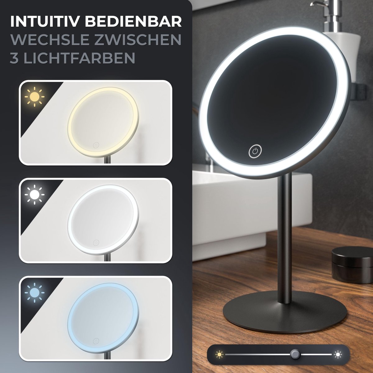 SnelShoppen - Make-upspiegel Skorpa zwart met verlichting | Oplaadbaar en vrijstaand | 5-voudige vergroting | 360 graden draaibare spiegel voor badkam