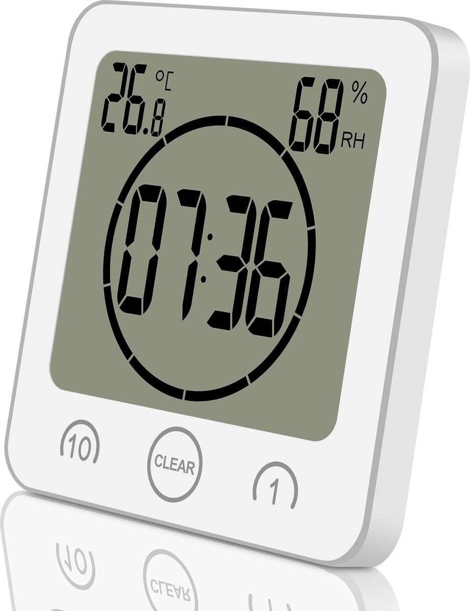 SnelShoppen - Digitale Waterdichte Klok Douche Badkamer met Zuignap, Keuken Timer, Hygrometer Thermometer, Groot Scherm, Batterij-Aangedreven, Wit