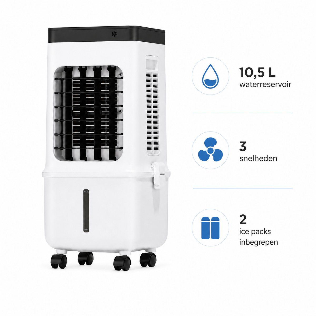 QORA® Airco Zonder Afvoerslang – Luchtkoeler, Ventilator & Luchtbevochtiger – 10,5L – Inclusief Ice Packs – Wit – foto 4