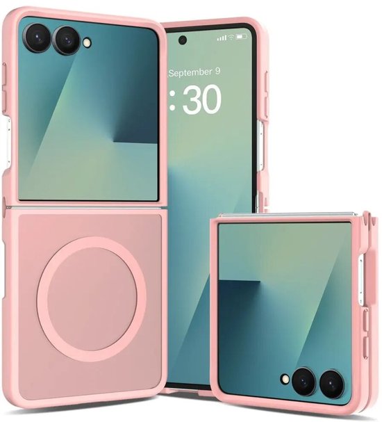 Coque de téléphone rose ouverte pour montrer les deux parties et les caméras, avec un anneau magnétique pour MagSafe.