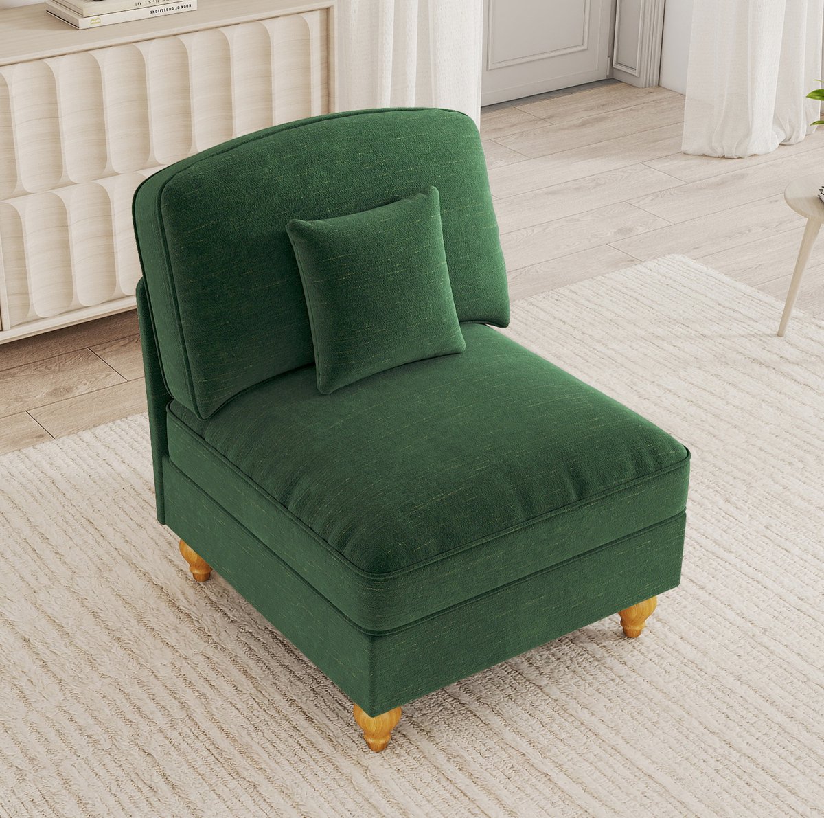 STILVORA Zitbank 78 Cm - Armloze 1-Zits Met Afneembare Sierrok En Kussen - Voor Woonkamer En Kleine Ruimtes - Chenille Groen