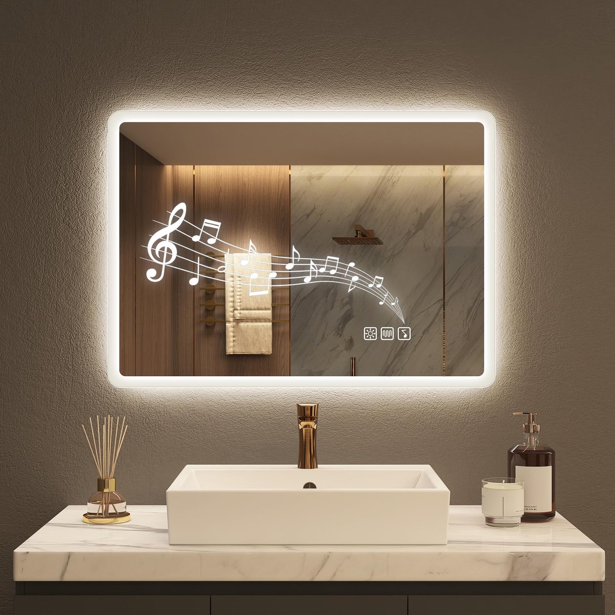 SnelShoppen - Badkamerspiegel met Verlichting 50 x 70 cm Dimbaar LED Spiegel 3 Lichtkleuren Bluetooth Ontfoggen Gehard Glas IP44 Horizontaal/Verticaal